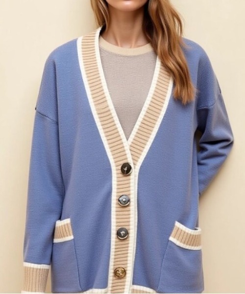 cammie(キャミー)の「配色デザインニットカーディガン(カーディガン/ボレロ・レディース・ネイビー/サックスブルー/オフホワイト/レッド/ベージュ・F)」の7枚目の写真