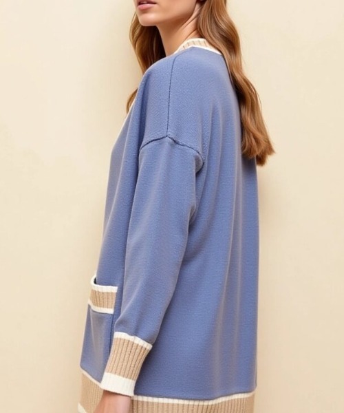 cammie(キャミー)の「配色デザインニットカーディガン(カーディガン/ボレロ・レディース・ネイビー/サックスブルー/オフホワイト/レッド/ベージュ・F)」の9枚目の写真