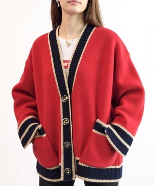 cammie(キャミー)の「配色デザインニットカーディガン(カーディガン/ボレロ・レディース・ネイビー/サックスブルー/オフホワイト/レッド/ベージュ・F)」の13枚目の写真