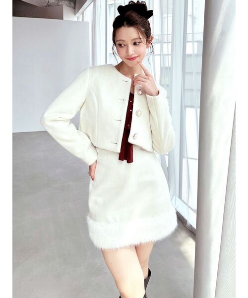 【美品】フォクシー ショート丈ジャケット ノーカラー 長袖 40 無地 ホワイト セール】ノーカラーショートジャケット【セットアップ着用可能】（ノー