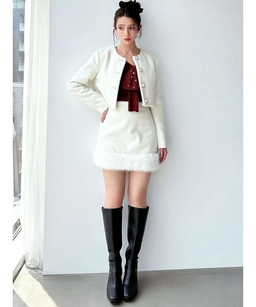 【美品】フォクシー ショート丈ジャケット ノーカラー 長袖 40 無地 ホワイト ノーカラーショートジャケット【セットアップ着用可能】（ノーカラー