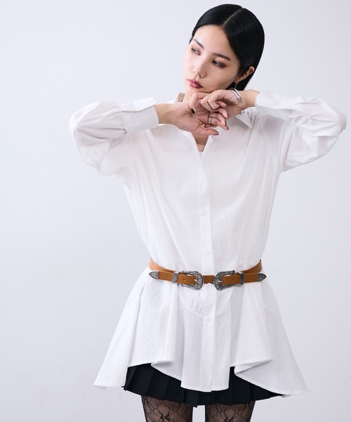 MONOe（モノエ）の「ベルト付きロングフレアシャツワンピース（シャツ/ブラウス・レディース・ボルドー/ホワイト/ブラック・FREE）」の4枚目の写真