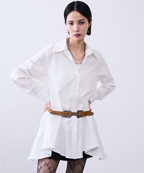 MONOe（モノエ）の「ベルト付きロングフレアシャツワンピース（シャツ/ブラウス・レディース・ボルドー/ホワイト/ブラック・FREE）」の5枚目の写真