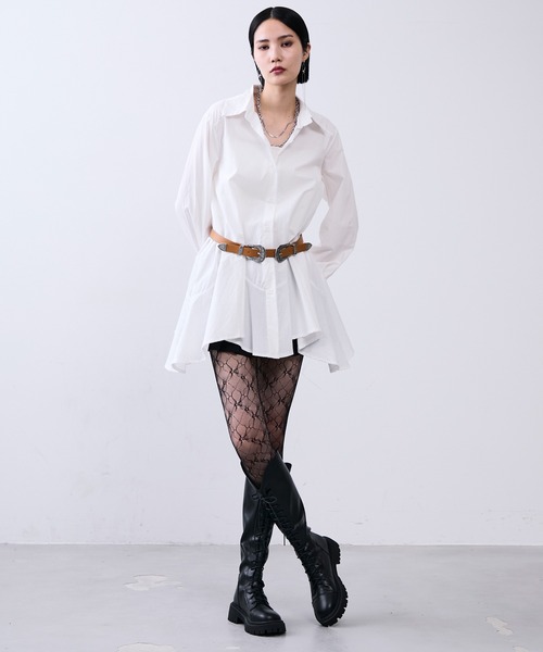 MONOe（モノエ）の「ベルト付きロングフレアシャツワンピース（シャツ/ブラウス・レディース・ボルドー/ホワイト/ブラック・FREE）」の14枚目の写真