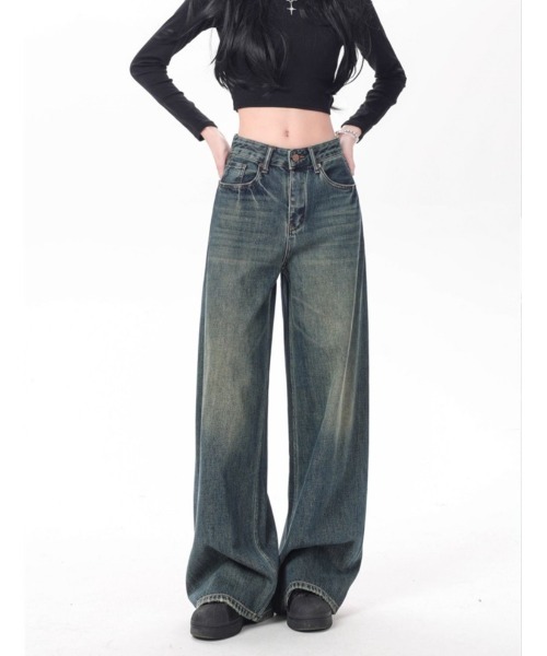 shameless(シェイムレス)の「ヴィンテージ加工セミワイドデニムパンツ(デニムパンツ・レディース・ブルー・S/M)」の2枚目の写真