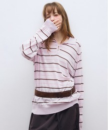 ELOOPS（イーループス）の「【ELOOPS】ウール混 ポロカラー アイレットボーダーニットプルオーバー（ニット/セーター）」