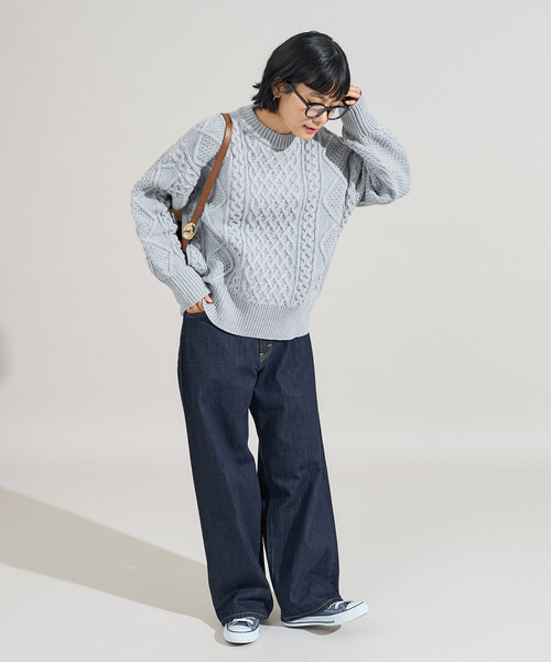 FREAK'S STORE（フリークスストア）の「ミックスケーブルクルーネックニット（ニット/セーター・レディース・オフホワイト/ライトグレー/レッド/ネイビー/ブラウン・ﾌﾘ-）」の7枚目の写真