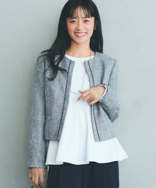 COMME CA ISM(コムサイズム)の「【宮城舞さん着用】【セットアップ対応】ラメツイード ジャケット(ノーカラージャケット・レディース・ネイビー/グレー・X-SMALL/SMALL/MEDIUM/LARGE/X-LARGE)」の1枚目の写真