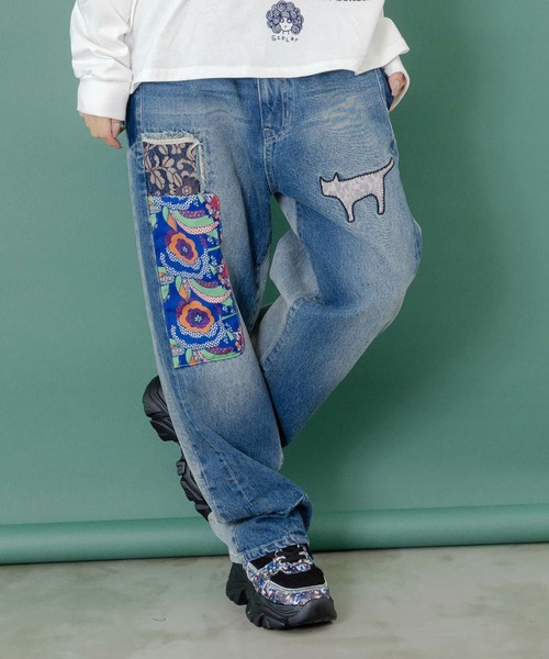 スカラー（ScoLar）/ScoLar スカラー 綿×レース異素材アップリケデニムパンツ ScoLar(スカラー) 綿×レース異素材アップリケデニムパンツ（デニム