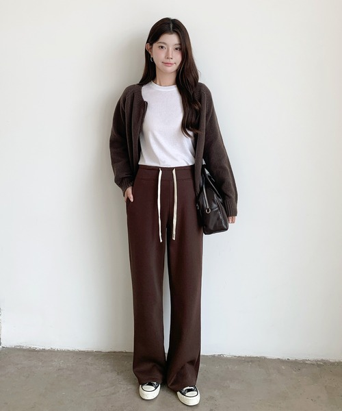 セール】【選べる丈感】裏起毛フラットウエストワイドパンツ（その他