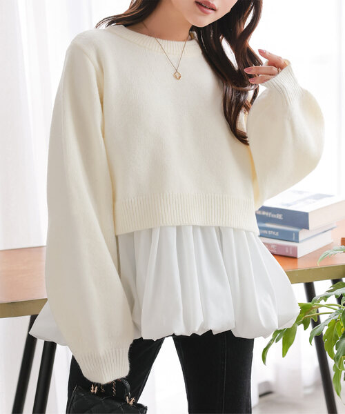 Petitle（プチレ）の「[ 低身長向けサイズ ] 2点セット ニットトップス × バルーンブラウス（ニット/セーター・レディース・ブラウン/オフホワイト/ブラック・PM）」の2枚目の写真