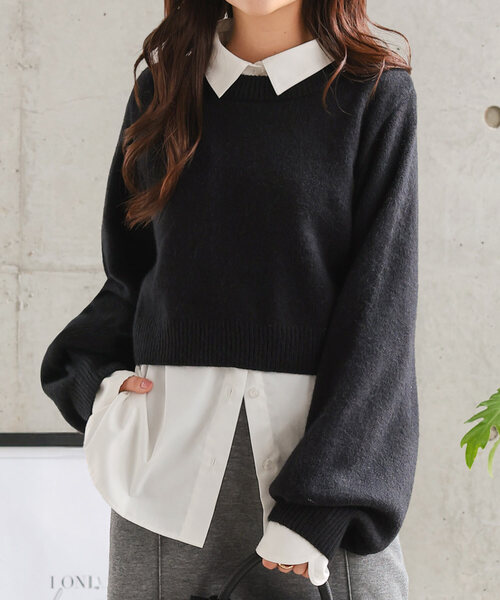 Petitle（プチレ）の「[ 低身長向けサイズ ] 2点セット ニットトップス × バルーンブラウス（ニット/セーター・レディース・ブラウン/オフホワイト/ブラック・PM）」の3枚目の写真