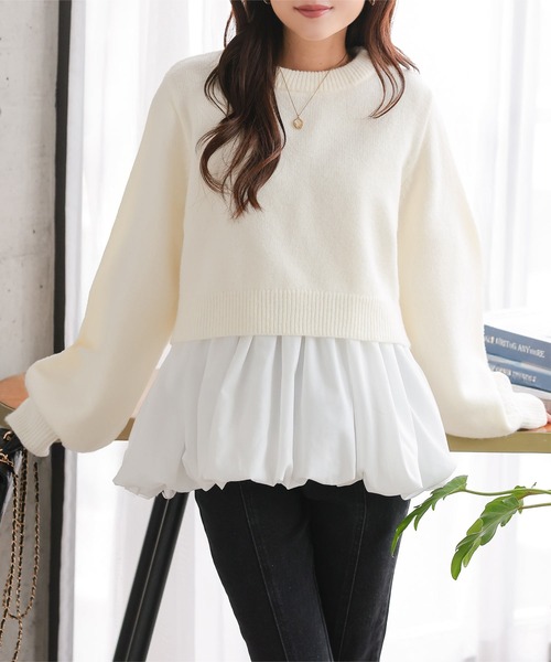 Petitle（プチレ）の「[ 低身長向けサイズ ] 2点セット ニットトップス × バルーンブラウス（ニット/セーター・レディース・ブラウン/オフホワイト/ブラック・PM）」の4枚目の写真