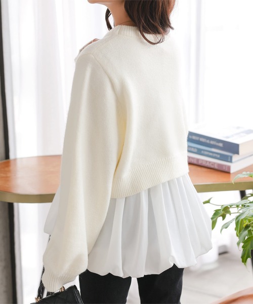 Petitle（プチレ）の「[ 低身長向けサイズ ] 2点セット ニットトップス × バルーンブラウス（ニット/セーター・レディース・ブラウン/オフホワイト/ブラック・PM）」の6枚目の写真