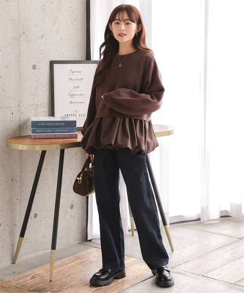 Petitle（プチレ）の「[ 低身長向けサイズ ] 2点セット ニットトップス × バルーンブラウス（ニット/セーター・レディース・ブラウン/オフホワイト/ブラック・PM）」の14枚目の写真