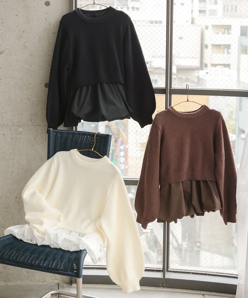 Petitle（プチレ）の「[ 低身長向けサイズ ] 2点セット ニットトップス × バルーンブラウス（ニット/セーター・レディース・ブラウン/オフホワイト/ブラック・PM）」の15枚目の写真