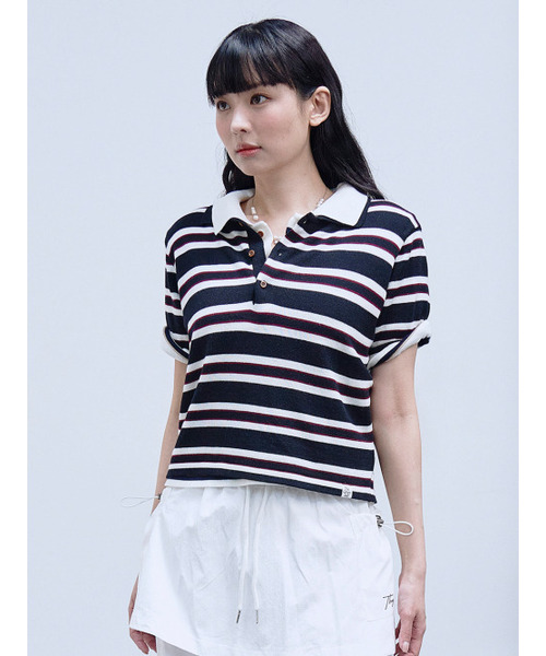 THE GREEN LAB（ザグリーンラボ）の「ストライプポロネック半袖ニット[ブラック]（ニット/セーター・レディース・その他・FREE）」の2枚目の写真