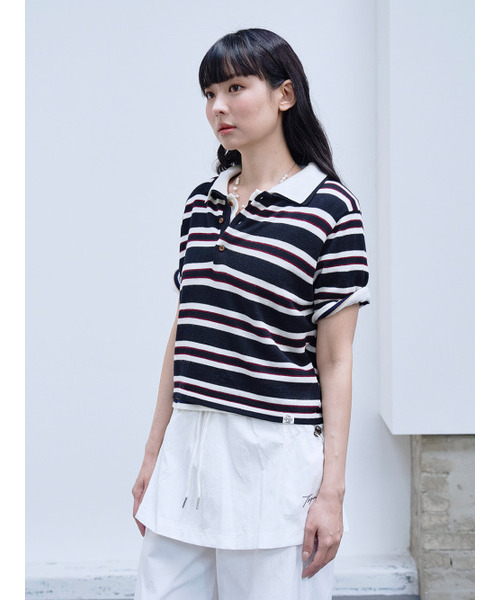 THE GREEN LAB（ザグリーンラボ）の「ストライプポロネック半袖ニット[ブラック]（ニット/セーター・レディース・その他・FREE）」の4枚目の写真