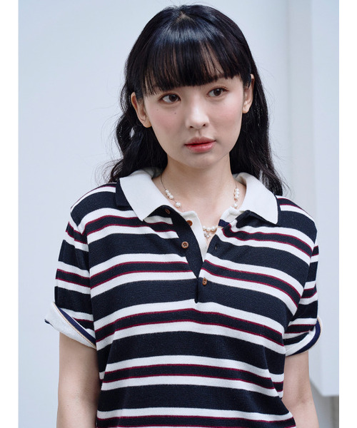 THE GREEN LAB（ザグリーンラボ）の「ストライプポロネック半袖ニット[ブラック]（ニット/セーター・レディース・その他・FREE）」の5枚目の写真