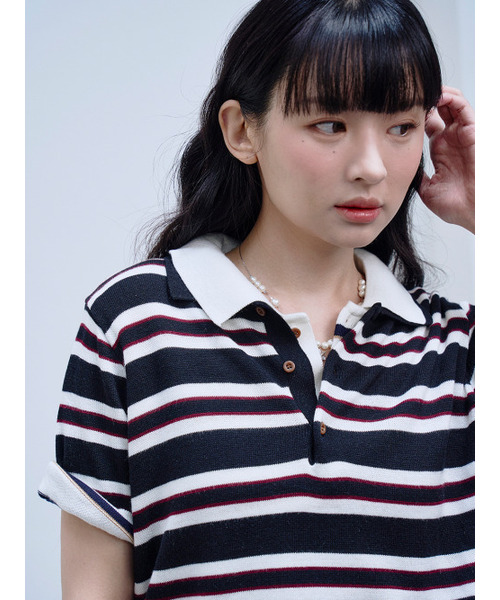 THE GREEN LAB（ザグリーンラボ）の「ストライプポロネック半袖ニット[ブラック]（ニット/セーター・レディース・その他・FREE）」の7枚目の写真
