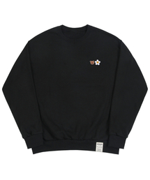[UNISEX]スモールフラワーベアフェイス刺繍スマイルマンツーマン_ブラック