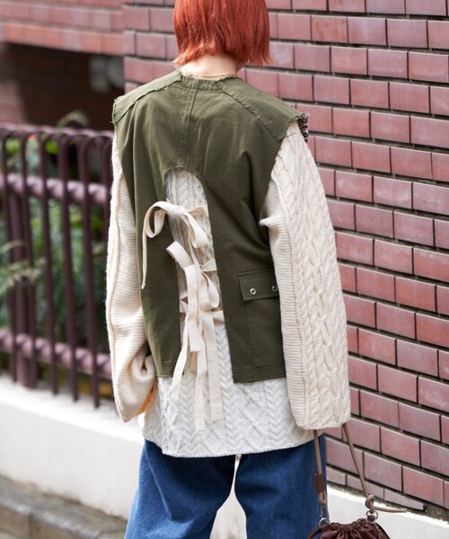 etsinta(エシンタ)の「【etsinta/エシンタ】リメイクミリタリーツイルカウチンベスト(ニット/セーター・レディース・カーキ・ONE SIZE)」の14枚目の写真