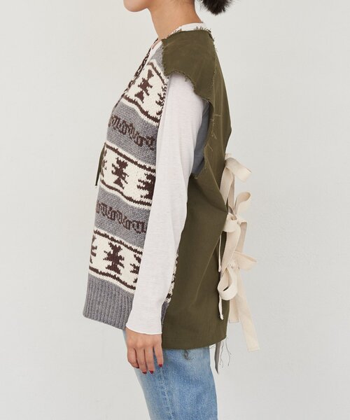 etsinta(エシンタ)の「【etsinta/エシンタ】リメイクミリタリーツイルカウチンベスト(ニット/セーター・レディース・カーキ・ONE SIZE)」の7枚目の写真