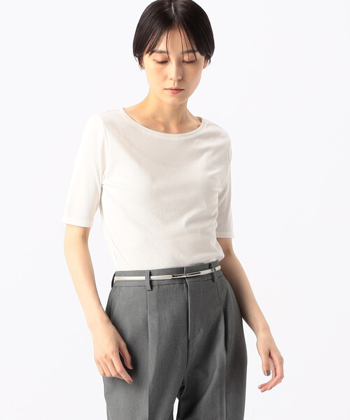COMME CA(コムサ)の「〔 TALLサイズ 〕 ギザリヨセルテレコ Tシャツ(Tシャツ/カットソー・レディース・ホワイト/ネイビー・15号/17号)」の1枚目の写真