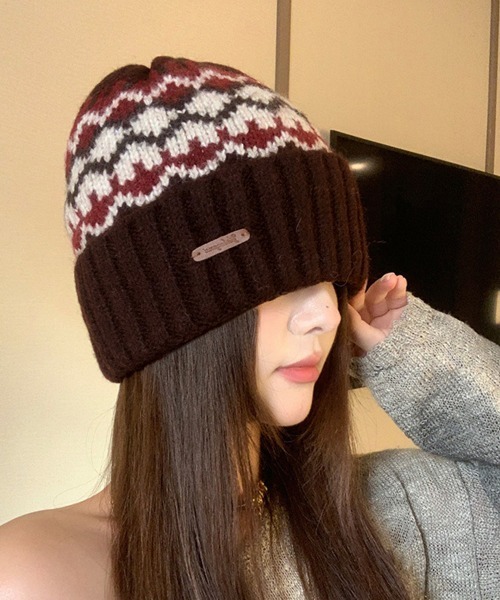 セール】フェアアイル柄ニット帽防寒ニットキャップ（ニットキャップ