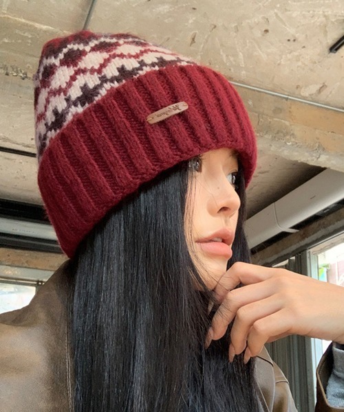 Miniministore（ミニミニストア）の「フェアアイル柄ニット帽防寒ニットキャップ（ニットキャップ/ビーニー・レディース・ブラウン/ベージュ/ワインレッド/グレー/アイボリー・FREE）」の5枚目の写真