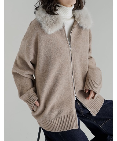 セール】フェイクファー襟ダブルジップニットコート（カーディガン