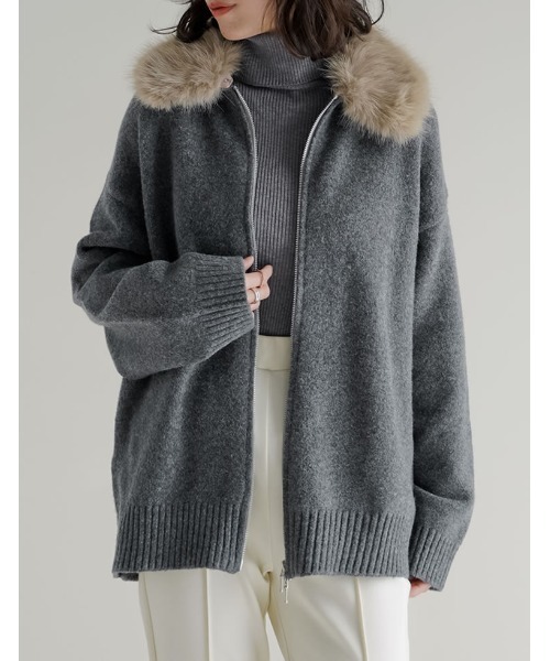 セール】フェイクファー襟ダブルジップニットコート（カーディガン