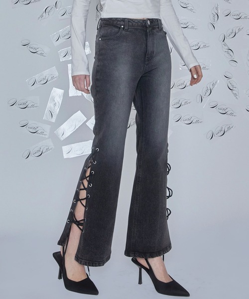 レースアップデザイン パッチワークフレアデニム If系 lace up flare denim / レースアップフレアデニム（デニムパンツ