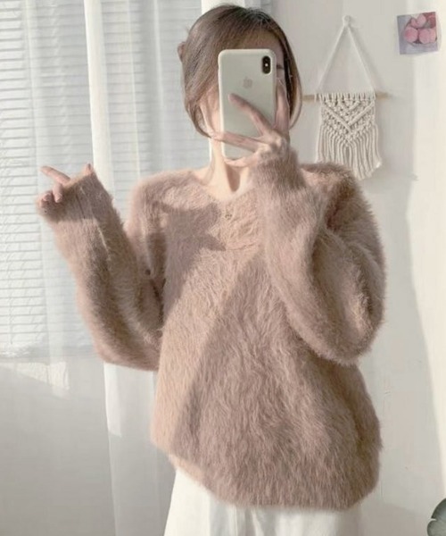 Miniministore(ミニミニストア)の「シャギーニットトップスふわふわニット秋冬(ニット/セーター・レディース・モカ/アイボリー/イエロー/ブルー/ブラック・FREE)」の15枚目の写真