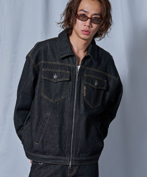 【sqnz（エスキュンズ）】sqnz double pocket zip denim / ユニセックス デニム リジッド ジャケット 刺繍 レザーパッチ ダブルジップ 短丈 【セットアップ着用可能】