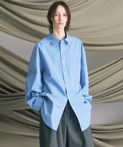 MAISON SPECIAL（メゾンスペシャル）の「《UNISEX》120/2 Suvin Cotton Typewriter Prime-Over Shirt Coat/スビンコットンタイプライタープライムオーバーシャツコート【MAISON SPECIAL/メゾンスペシャル】（シャツ/ブラウス・メンズ・グレー/ブルー/ホワイト/ブラック/ライトブルー/サックスブルー/スカイブルー・0/1/2）」の7枚目の写真