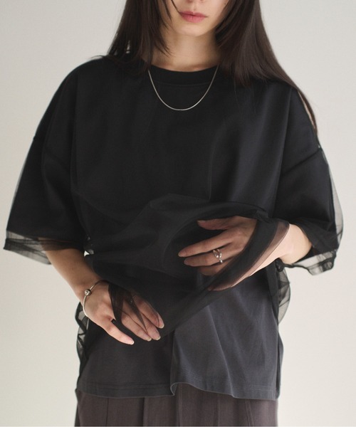 SOYEN(ソイエン)の「チュールドッキングレイヤードシアーTシャツ(Tシャツ/カットソー・レディース・ホワイト/チャコール・F)」の7枚目の写真