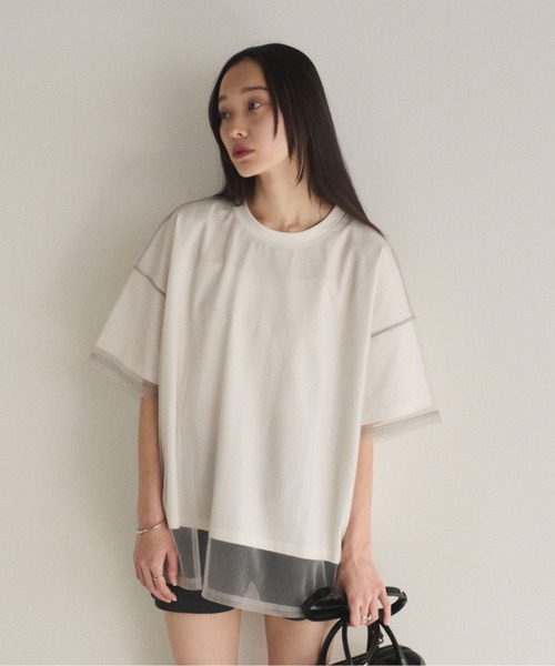 SOYEN(ソイエン)の「チュールドッキングレイヤードシアーTシャツ(Tシャツ/カットソー・レディース・ホワイト/チャコール・F)」の3枚目の写真