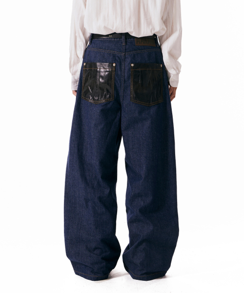 AAKAM デニムパンツ Leather Patch Denim Pants (Blue)（デニムパンツ）｜AAKAM（アーカム