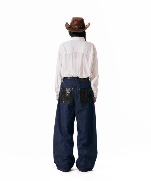 Leather Patch Denim Pants (Blue)（デニムパンツ）｜AAKAM（アーカム