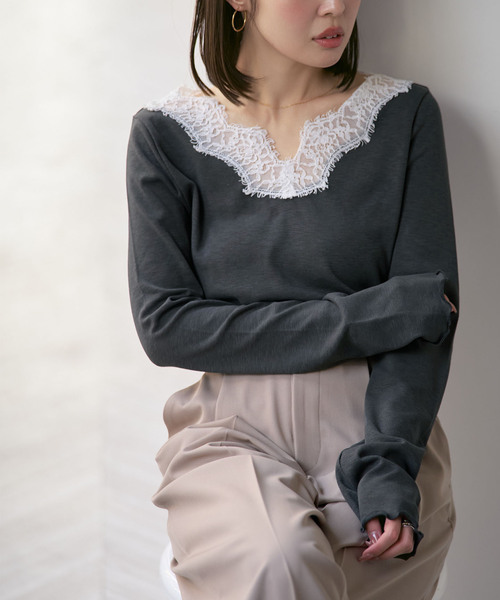 Noble（ノーブル）の「レースドッキングプルオーバー（Tシャツ/カットソー・レディース・チャコールグレー/ベージュ・FREE）」の12枚目の写真