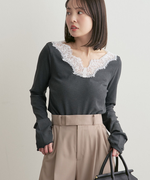 Noble（ノーブル）の「レースドッキングプルオーバー（Tシャツ/カットソー・レディース・チャコールグレー/ベージュ・FREE）」の9枚目の写真
