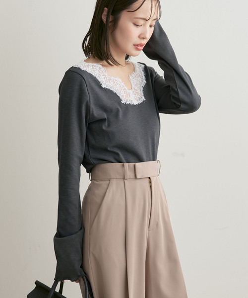 Noble（ノーブル）の「レースドッキングプルオーバー（Tシャツ/カットソー・レディース・チャコールグレー/ベージュ・FREE）」の8枚目の写真