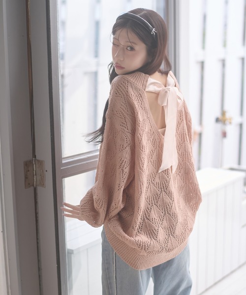 Ambre Neige(アンブルネージュ)の「back ribbon openwork knit / バックリボンスカシアミニット(ニット/セーター・レディース・アイボリー/チャコールグレー/オレンジ・FREE)」の14枚目の写真