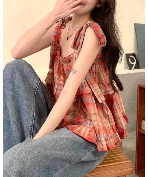 inst.ALL(インストール)の「チェック柄肩リボンティアードキャミソール(キャミソール・レディース・ホワイト×ブラック/レッド・M)」の6枚目の写真