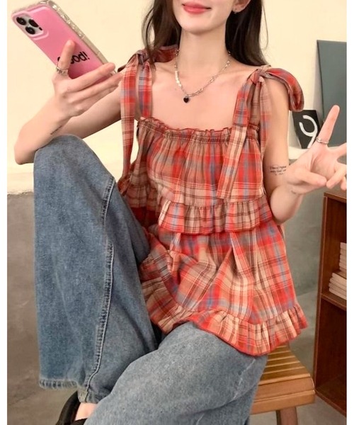 inst.ALL(インストール)の「チェック柄肩リボンティアードキャミソール(キャミソール・レディース・ホワイト×ブラック/レッド・M)」の8枚目の写真