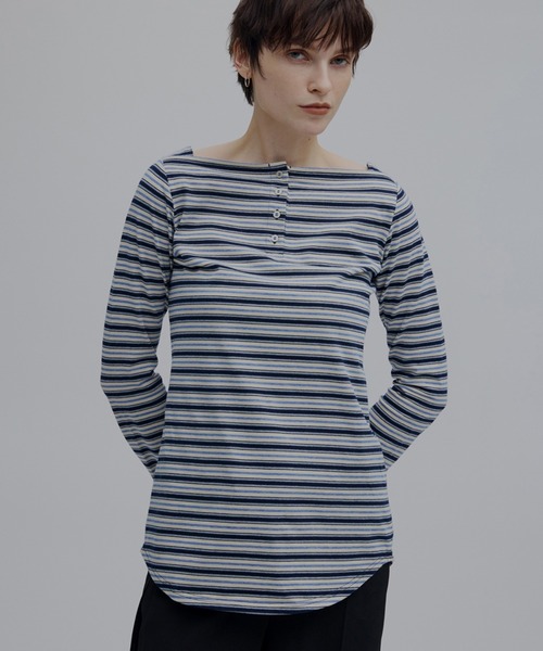 Ameri(アメリ)の「COLORFUL BORDER L/S TOP(Tシャツ/カットソー・レディース・アイボリー/ベージュ/グレー・FREE)」の1枚目の写真