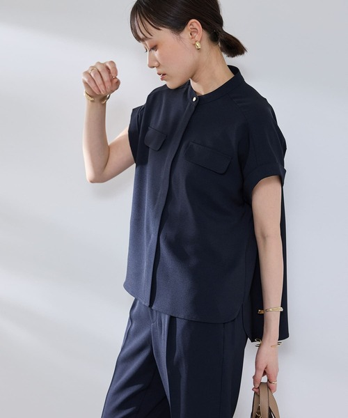 パンダさま専用　Drawer ブラウス　ネイビー　36 セール】《防シワ》サマナチュラリュクス バンドカラーブラウス【CROSS