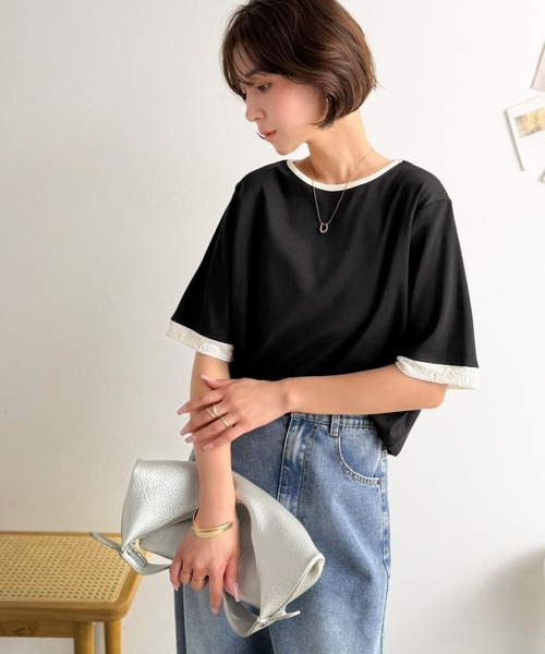 classicalelf（クラシカルエルフ）の「異素材と配色で上品に華やぐ。ふくれジャガード×リブの大人可愛いハーフスリーブトップス（半袖）（Tシャツ/カットソー・レディース・ブラック/グレー/アイボリー・SMALL/MEDIUM/LARGE/X-LARGE）」の5枚目の写真