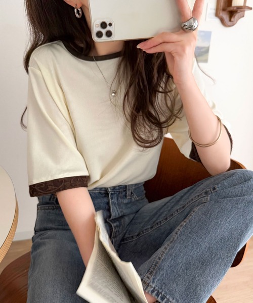 classicalelf（クラシカルエルフ）の「異素材と配色で上品に華やぐ。ふくれジャガード×リブの大人可愛いハーフスリーブトップス（半袖）（Tシャツ/カットソー・レディース・ブラック/グレー/アイボリー・SMALL/MEDIUM/LARGE/X-LARGE）」の19枚目の写真